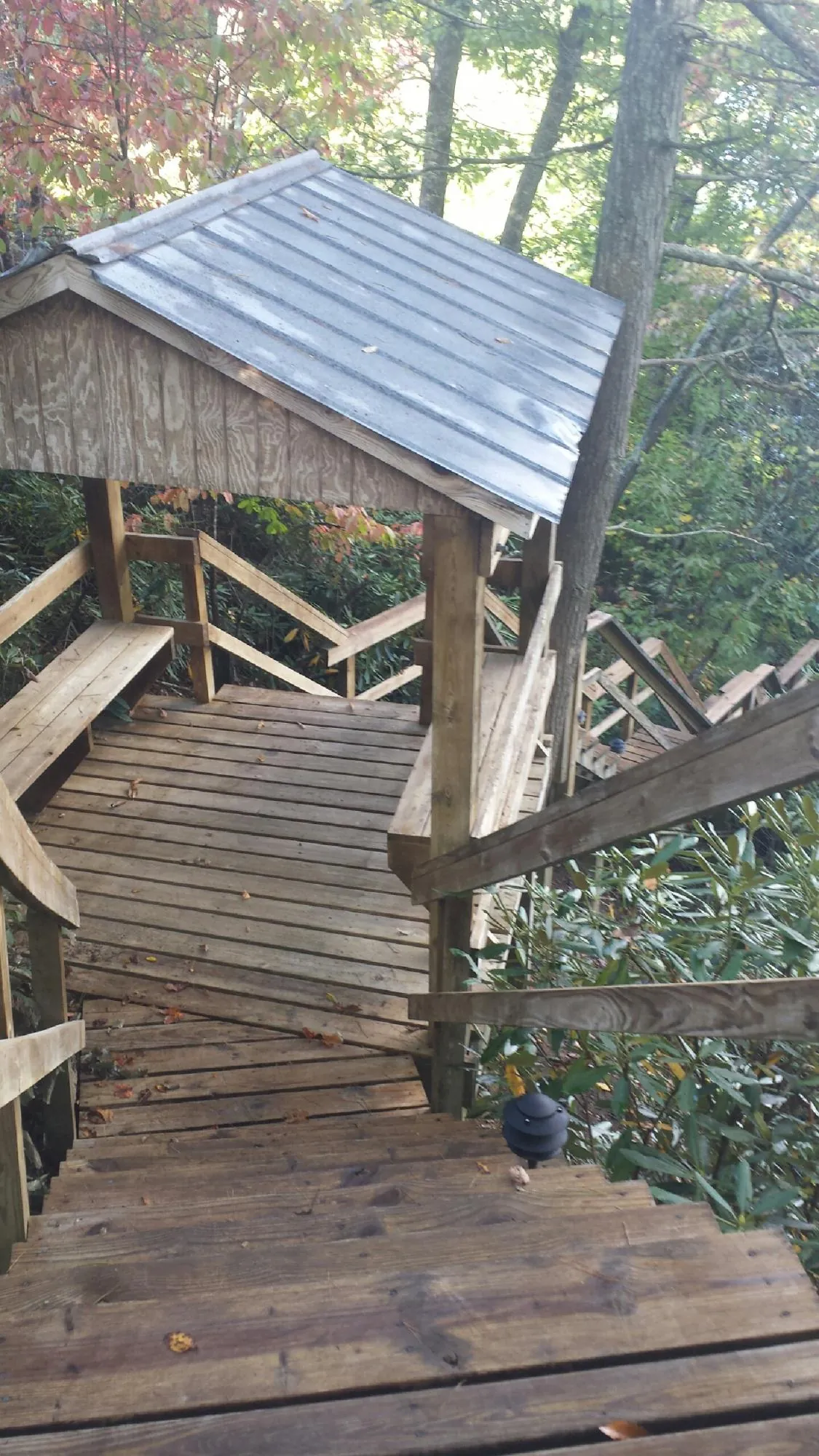 Metal roofed shelter over wooden steps on a wooded walkway — Skylight Repair & Installation work by our crew in Redford